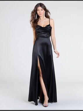 Windsor Black Satin Cowl Neck Spaghetti Strap Evening Gown